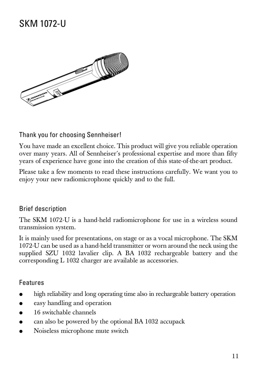 Sennheiser SKM 1072-U manual Thank you for choosing Sennheiser, Brief description, Features 