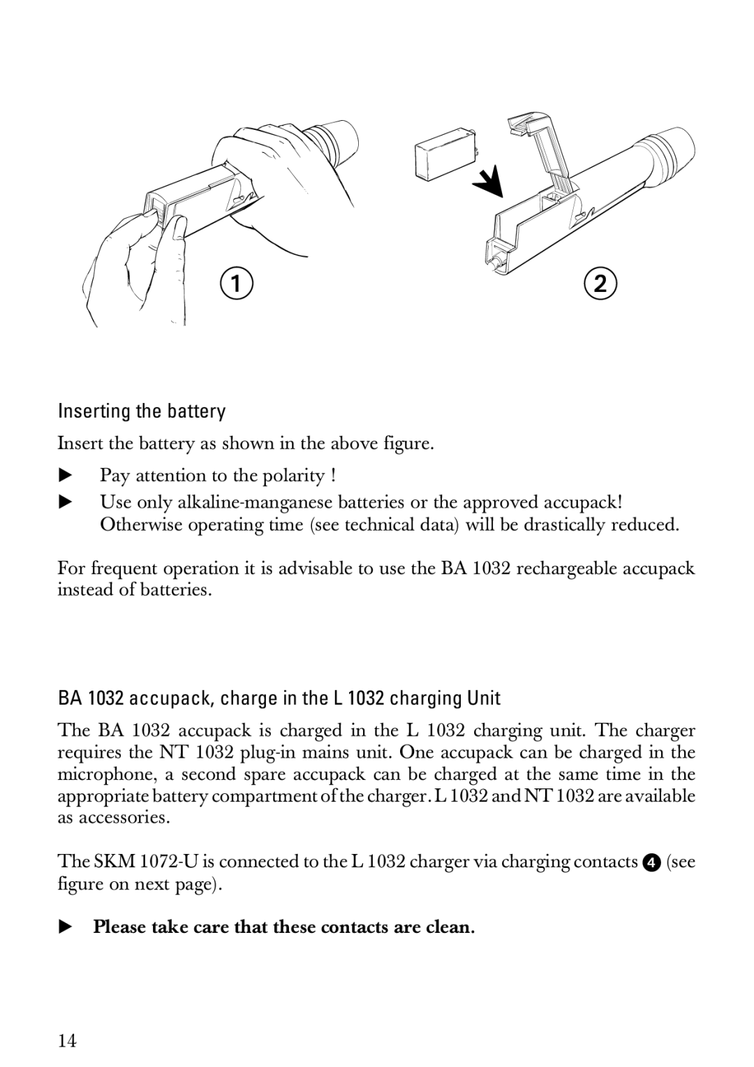 Sennheiser SKM 1072-U manual Inserting the battery, BA 1032 accupack, charge in the L 1032 charging Unit 