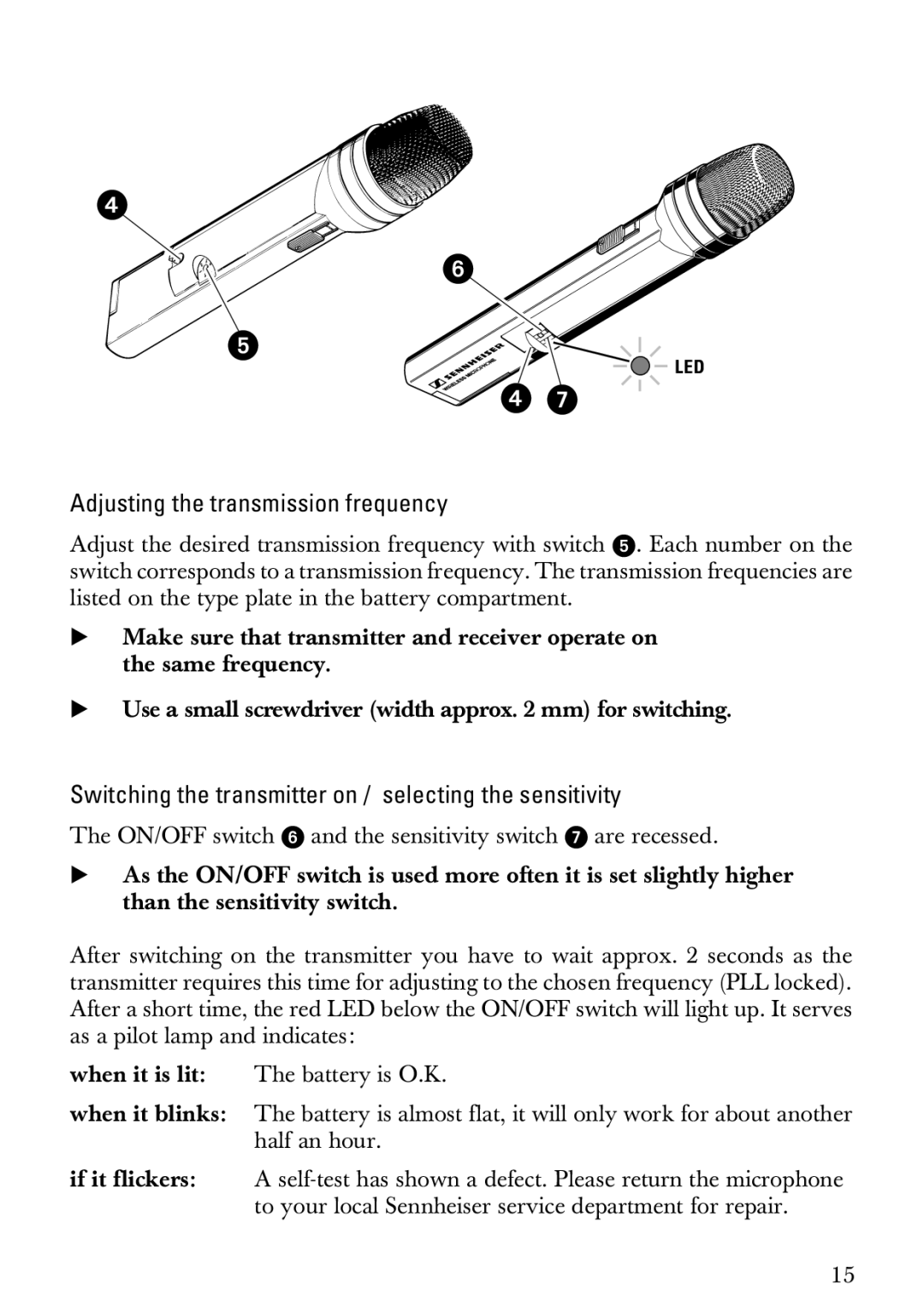 Sennheiser SKM 1072-U manual Adjusting the transmission frequency, Switching the transmitter on / selecting the sensitivity 