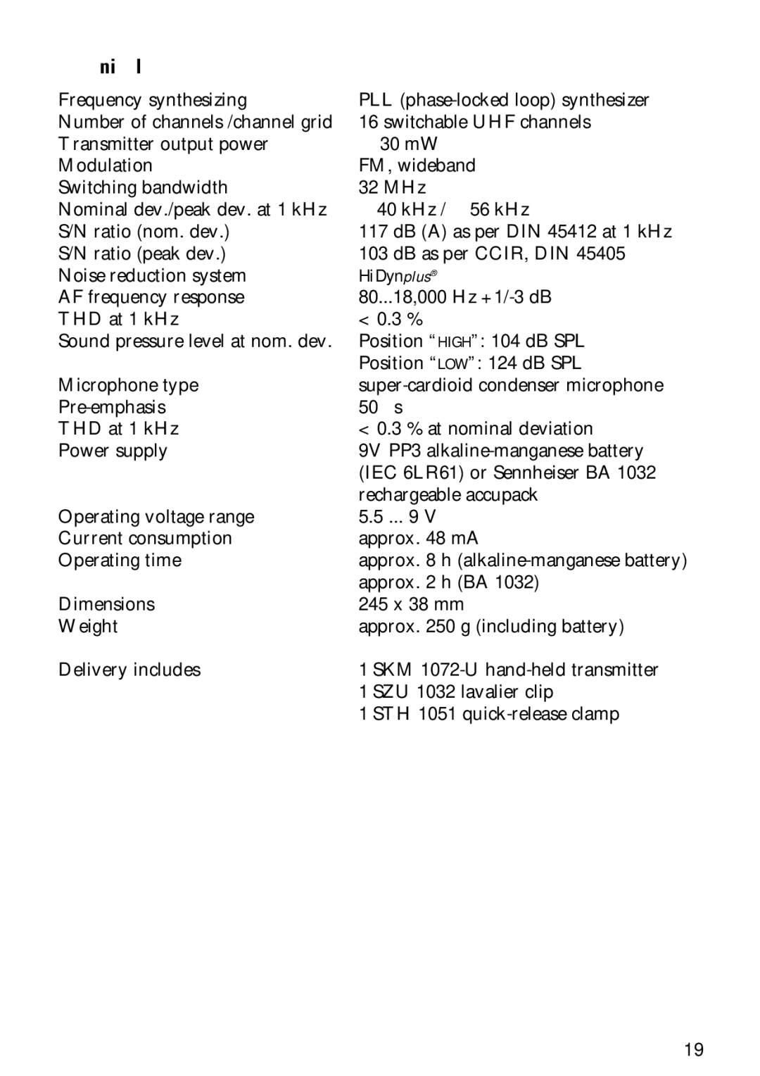 Sennheiser SKM 1072-U manual Technical data 