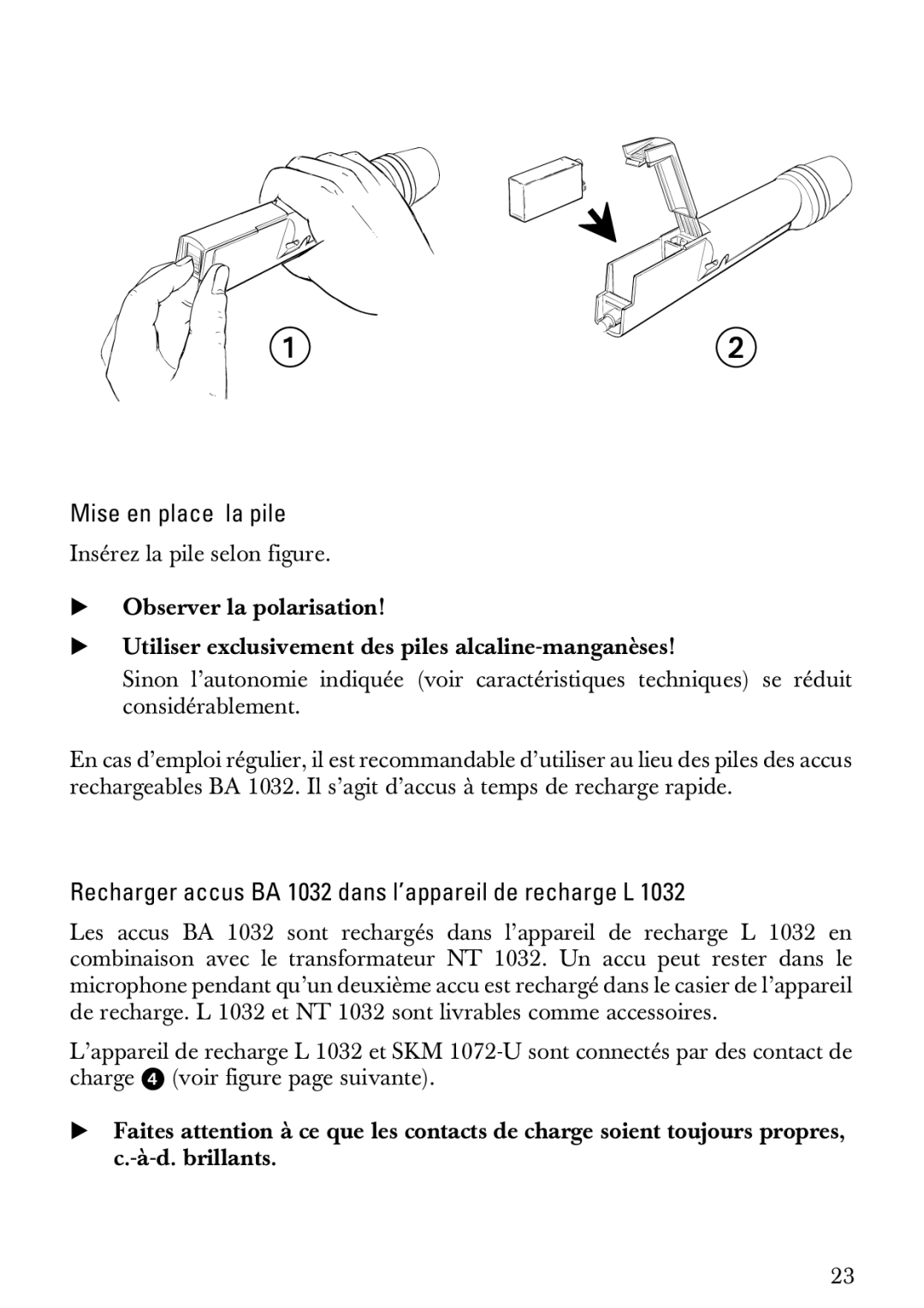 Sennheiser SKM 1072-U manual Mise en place la pile, Recharger accus BA 1032 dans l’appareil de recharge L 