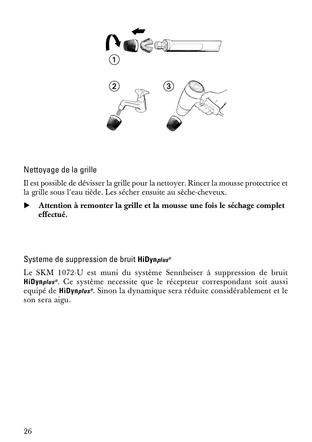 Sennheiser SKM 1072-U manual Nettoyage de la grille, Systeme de suppression de bruit HiDynplus 