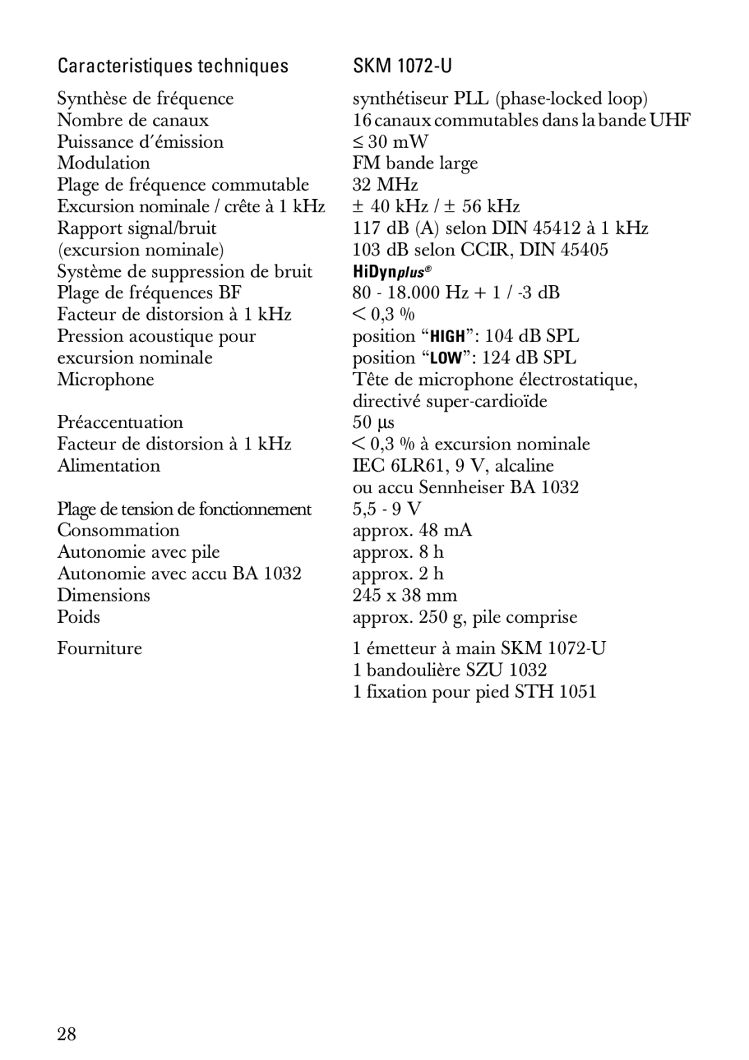 Sennheiser SKM 1072-U manual Caracteristiques techniques 
