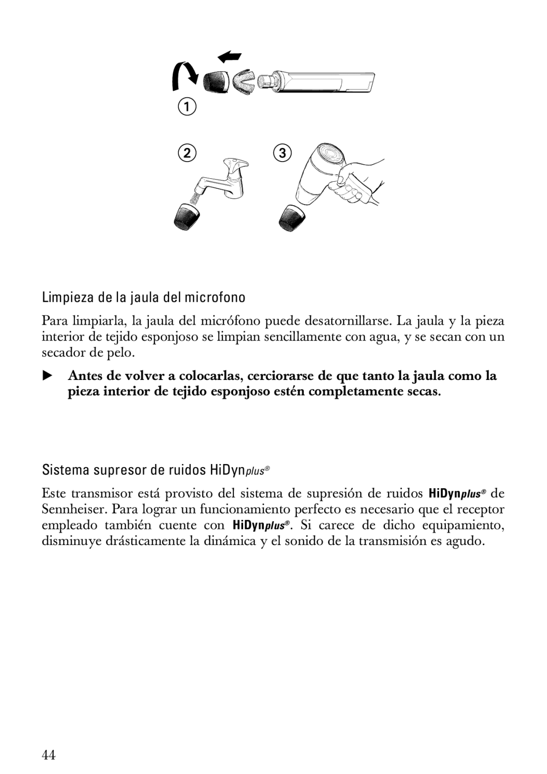 Sennheiser SKM 1072-U manual Limpieza de la jaula del microfono, Sistema supresor de ruidos HiDynplus 