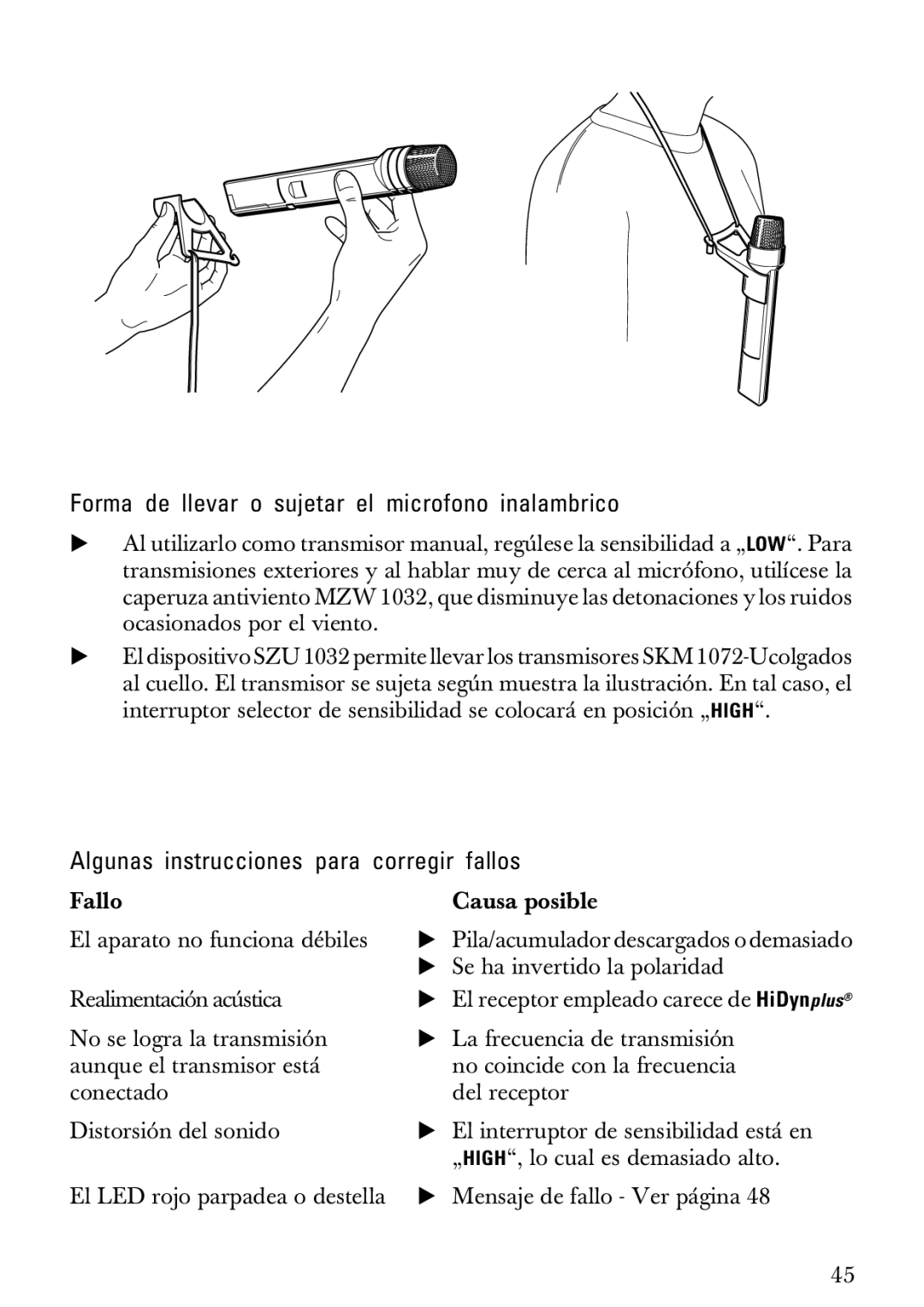 Sennheiser SKM 1072-U manual Forma de llevar o sujetar el microfono inalambrico, Algunas instrucciones para corregir fallos 