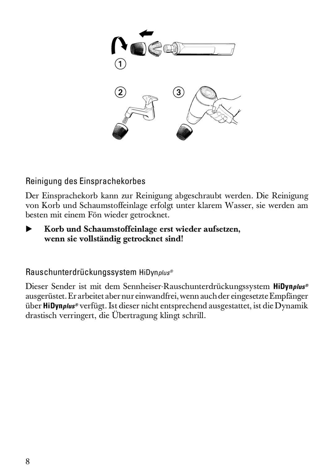 Sennheiser SKM 1072-U manual Reinigung des Einsprachekorbes, Rauschunterdrückungssystem HiDynplus 