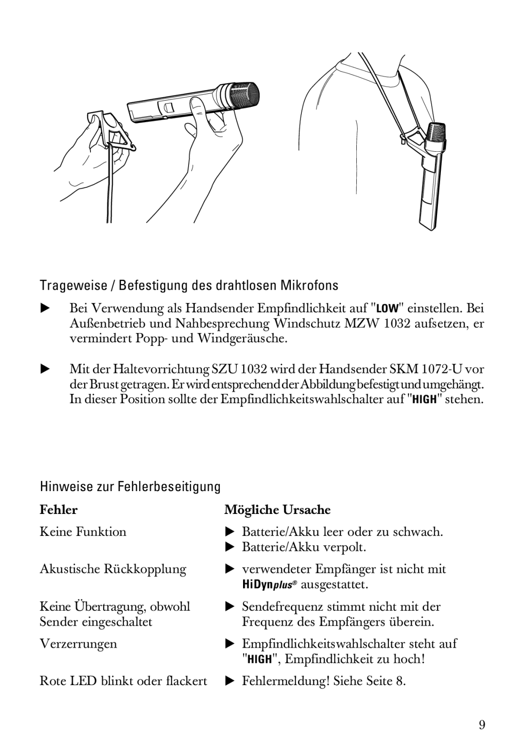 Sennheiser SKM 1072-U manual Trageweise / Befestigung des drahtlosen Mikrofons, Hinweise zur Fehlerbeseitigung 