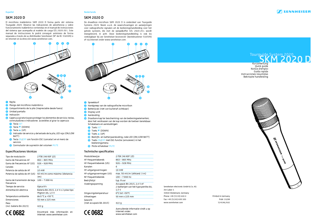 Sennheiser SKM 2020 D manual 0682, Especificaciones técnicas, Technische specificaties 