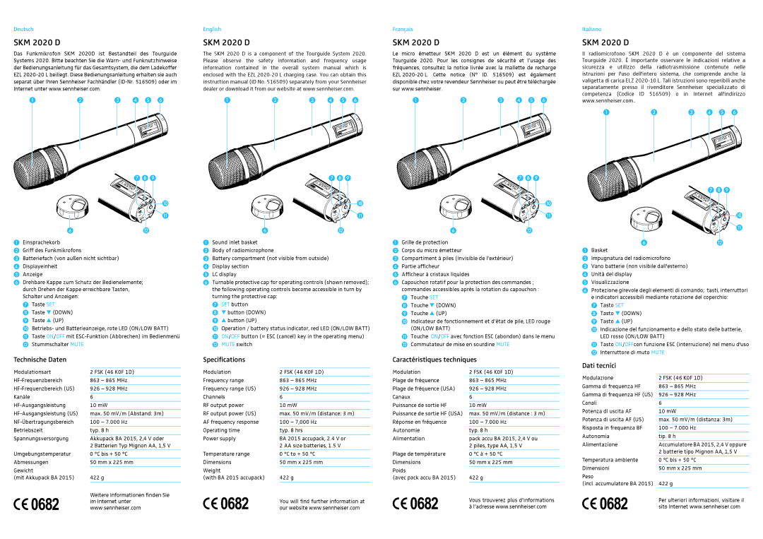 Sennheiser SKM 2020 D manual Technische Daten, Specifications, Caractéristiques techniques, Dati tecnici 