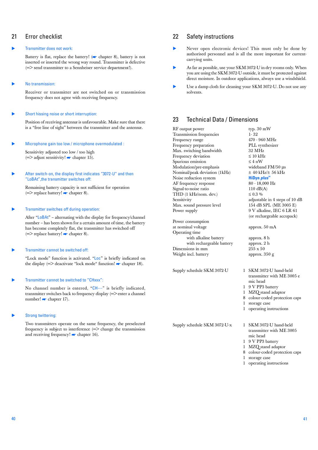 Sennheiser SKM 3072-U-x, SKM 3072-U manual Error checklist, Safety instructions, Technical Data / Dimensions 