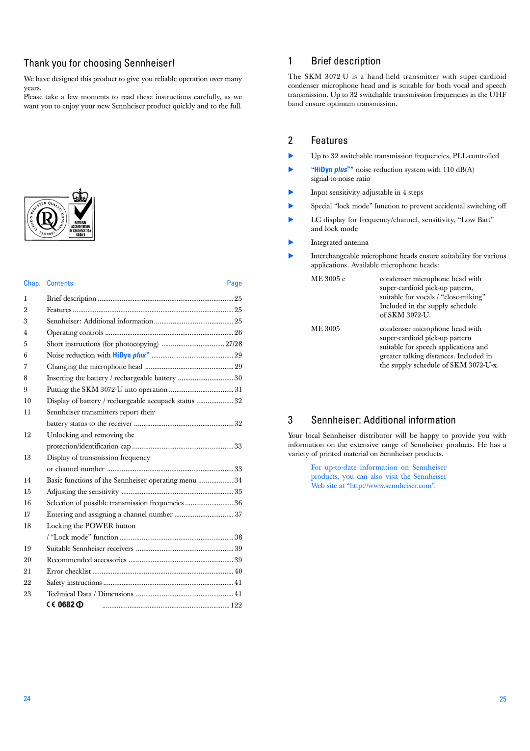 Sennheiser SKM 3072-U-x, SKM 3072-U manual Thank you for choosing Sennheiser, Brief description, Features, Chap Contents 