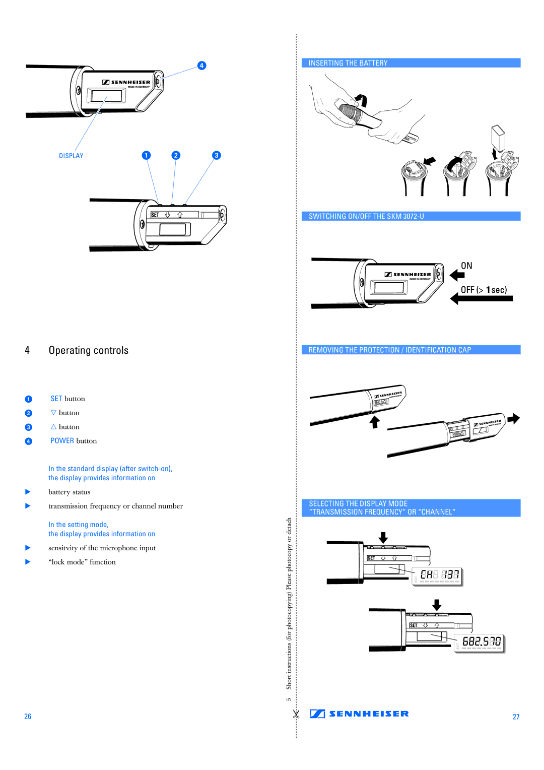 Sennheiser SKM 3072-U manual Operating controls, Power button, Setting mode Display provides information on 