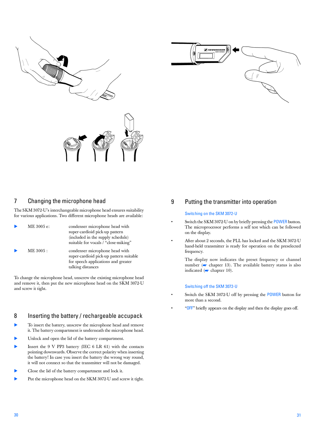 Sennheiser SKM 3072-U manual Changing the microphone head, Inserting the battery / rechargeable accupack 