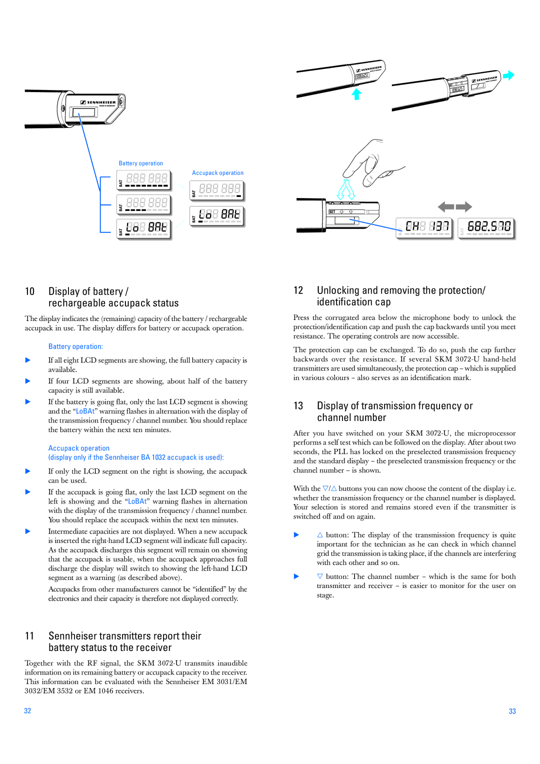 Sennheiser SKM 3072-U-x, SKM 3072-U manual Unlocking and removing the protection/ identification cap, Battery operation 