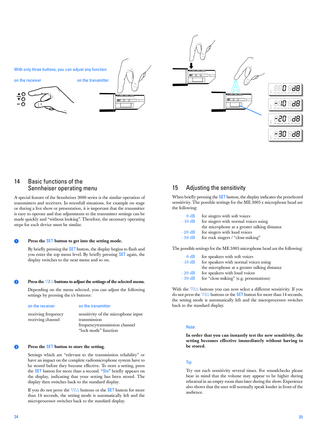 Sennheiser SKM 3072-U-x, SKM 3072-U manual Adjusting the sensitivity, On the receiver On the transmitter, Tip 