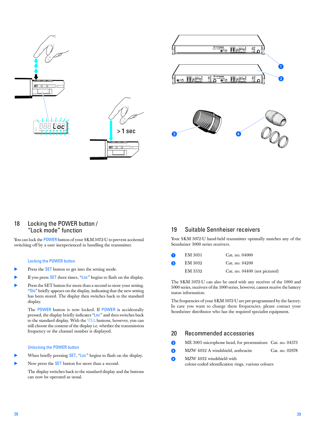 Sennheiser SKM 3072-U manual Suitable Sennheiser receivers, Recommended accessories, Locking the Power button 