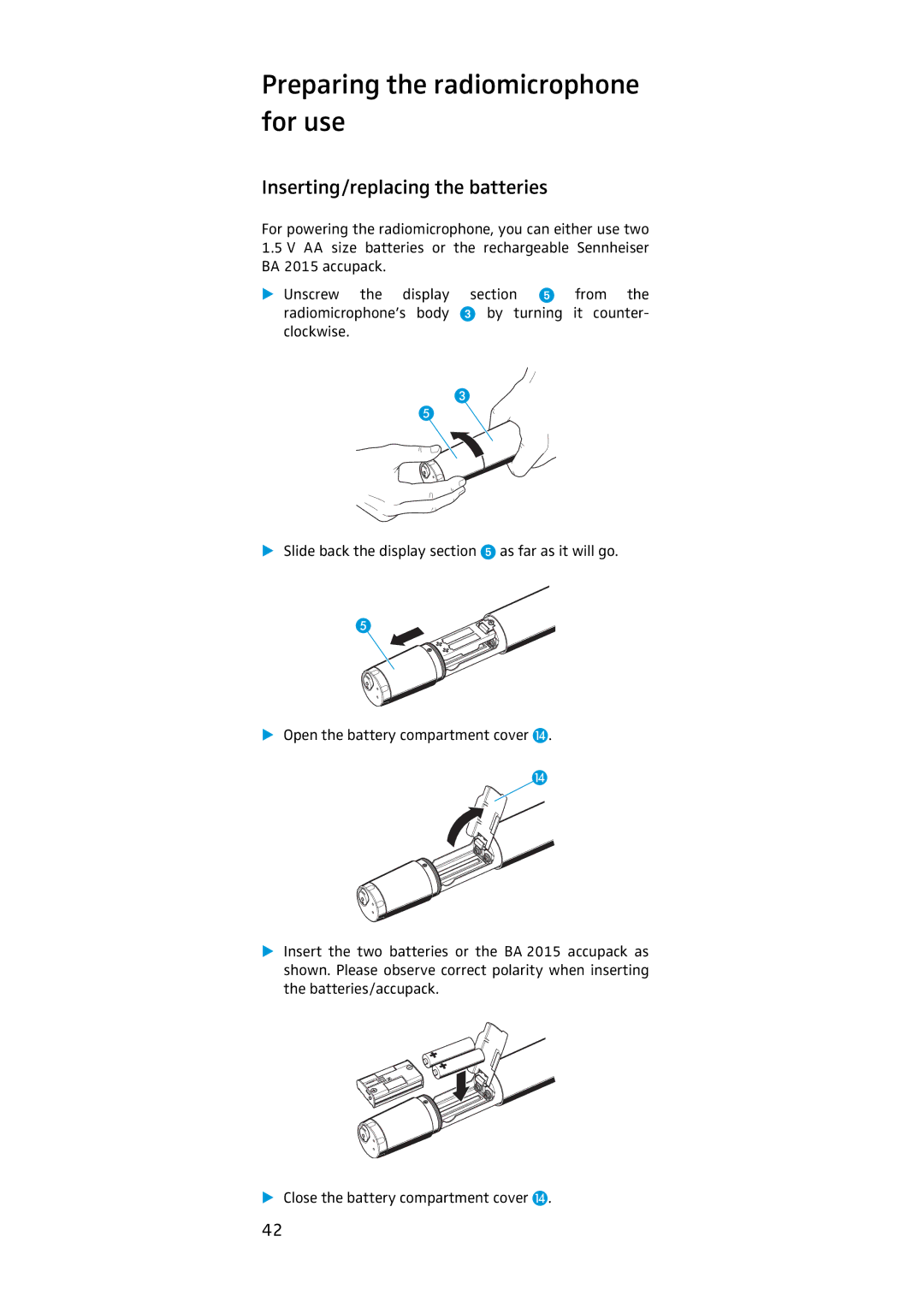 Sennheiser SKM 500, EK 500 manual Preparing the radiomicrophone for use, Inserting/replacing the batteries 