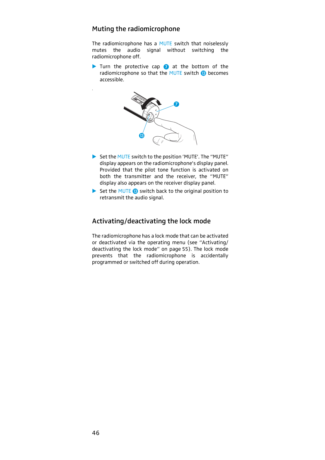 Sennheiser SKM 500, EK 500 manual Muting the radiomicrophone, Activating/deactivating the lock mode 