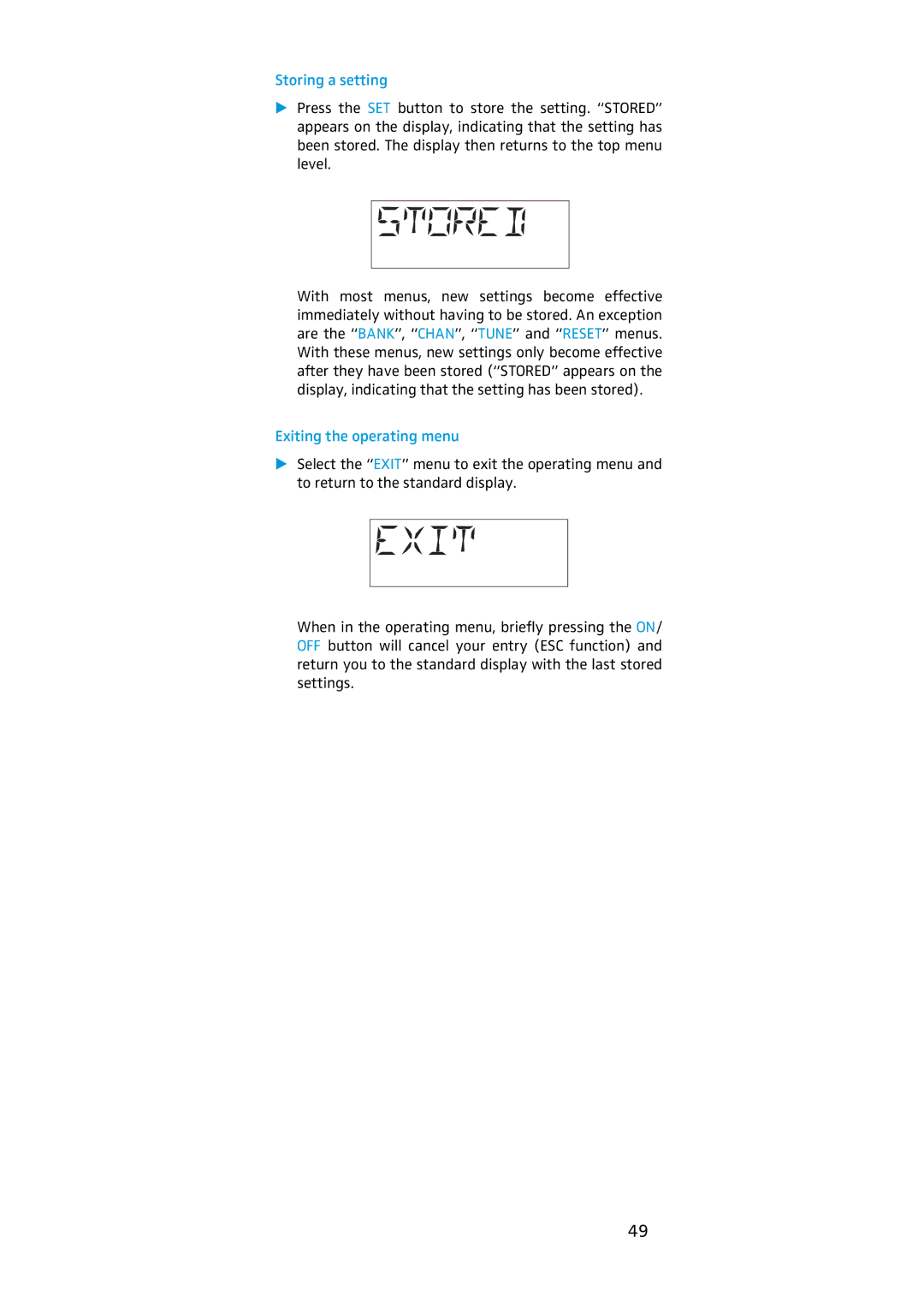 Sennheiser EK 500, SKM 500 manual Storing a setting, Exiting the operating menu 