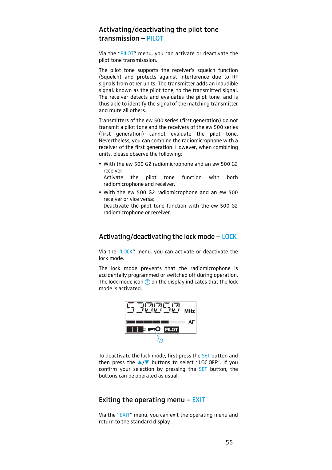 Sennheiser EK 500 Activating/deactivating the pilot tone transmission Pilot, Activating/deactivating the lock mode Lock 