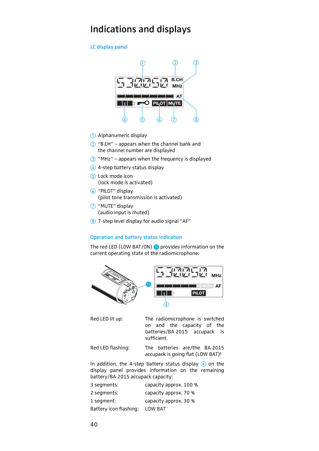 Sennheiser SKM 500, EK 500 manual Indications and displays, LC display panel, Operation and battery status indication 