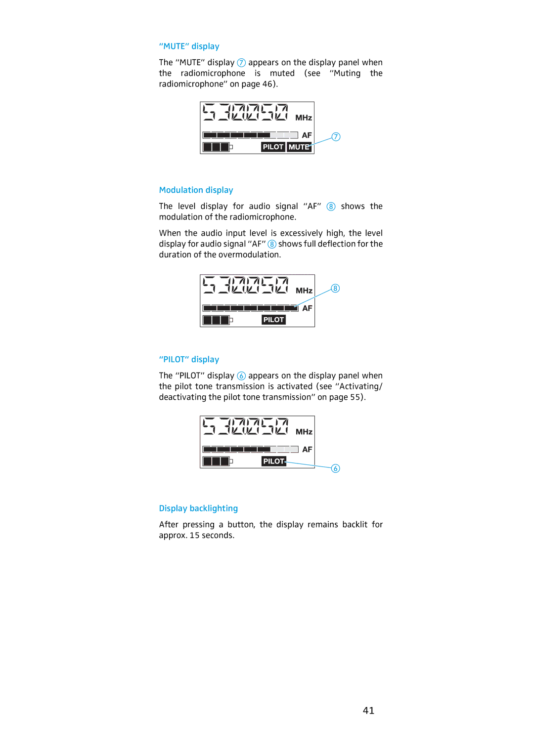 Sennheiser EK 500, SKM 500 manual Mute display, Modulation display, Pilot display, Display backlighting 