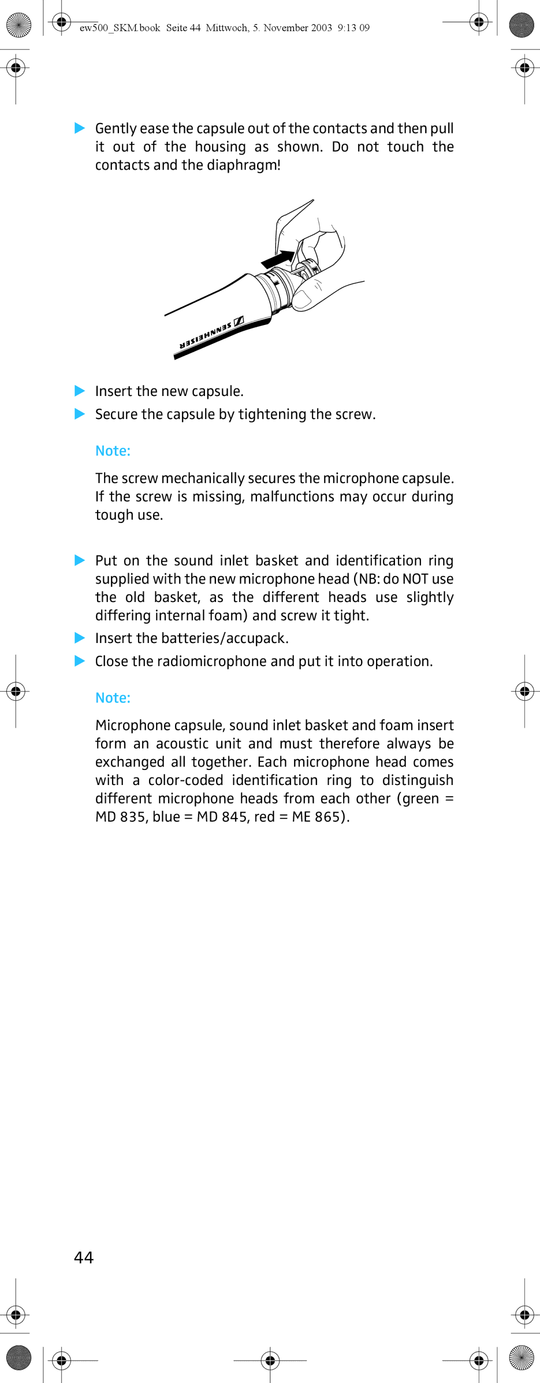 Sennheiser SKM 500 G2 manual Ew500SKM.book Seite 44 Mittwoch, 5. November 2003 913 