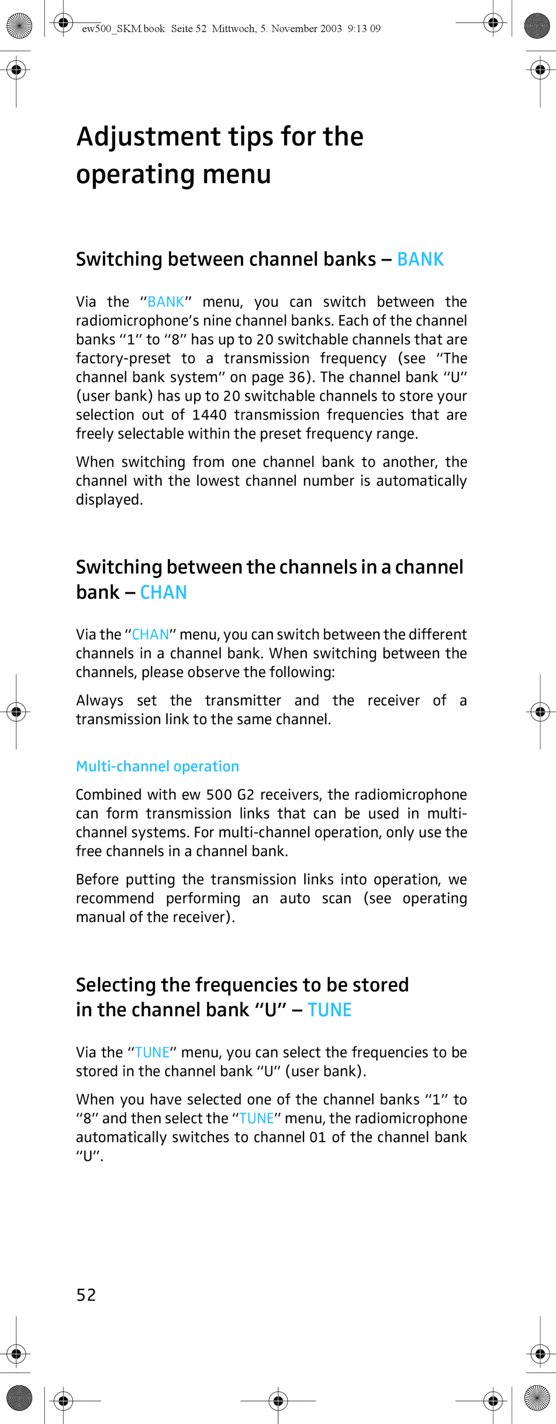 Sennheiser SKM 500 G2 manual Adjustment tips for the operating menu, Switching between channel banks Bank 