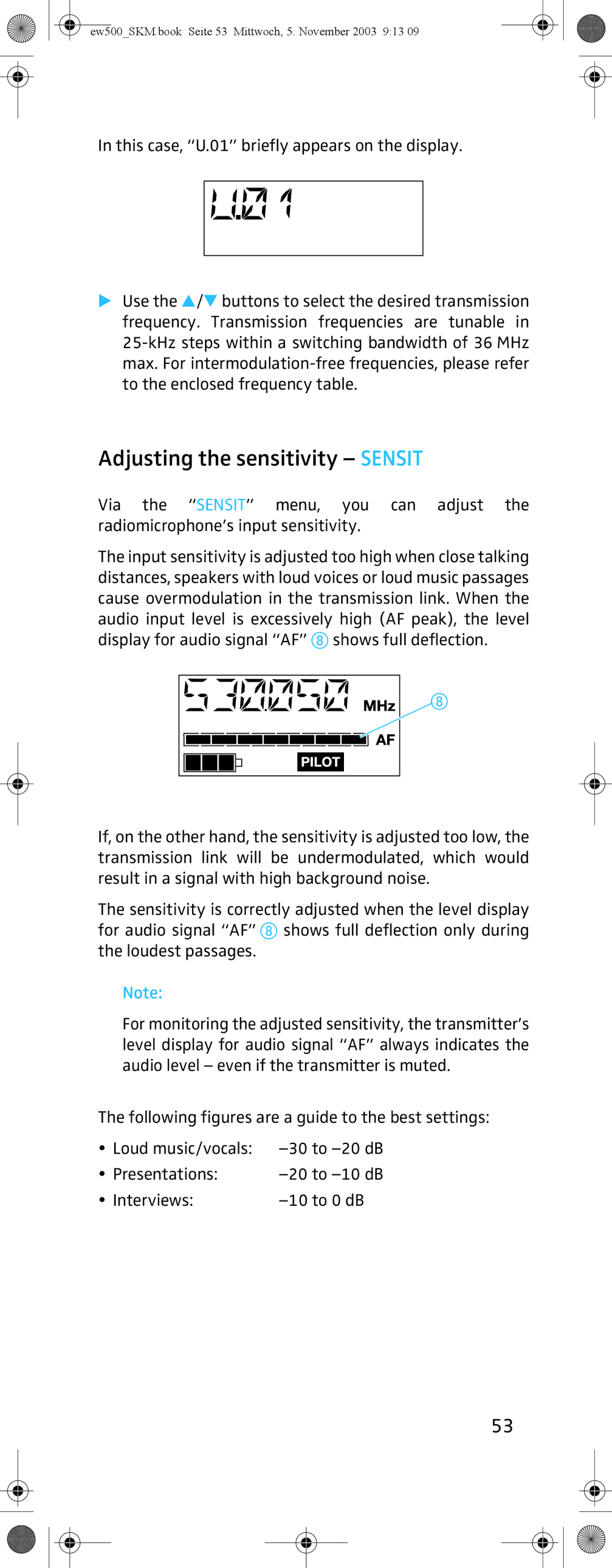 Sennheiser SKM 500 G2 manual Adjusting the sensitivity Sensit 