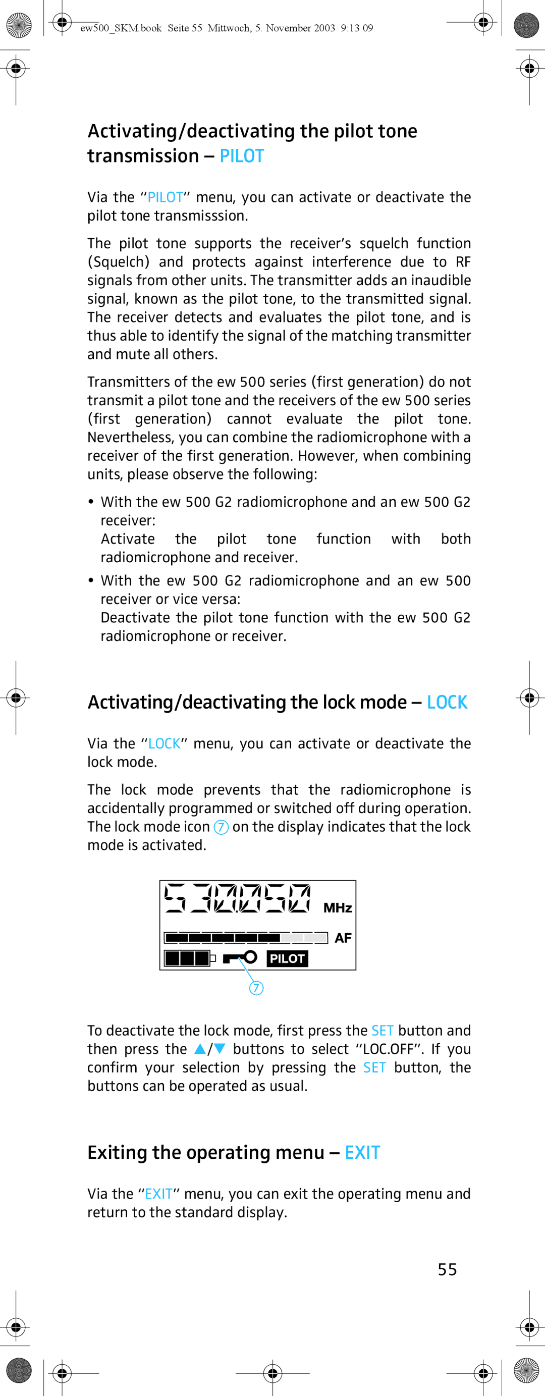 Sennheiser SKM 500 G2 manual Activating/deactivating the pilot tone transmission Pilot, Exiting the operating menu Exit 