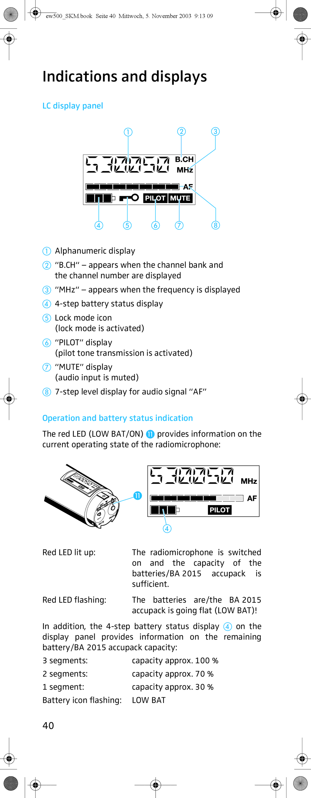 Sennheiser SKM 500 G2 manual Indications and displays, LC display panel, Operation and battery status indication 