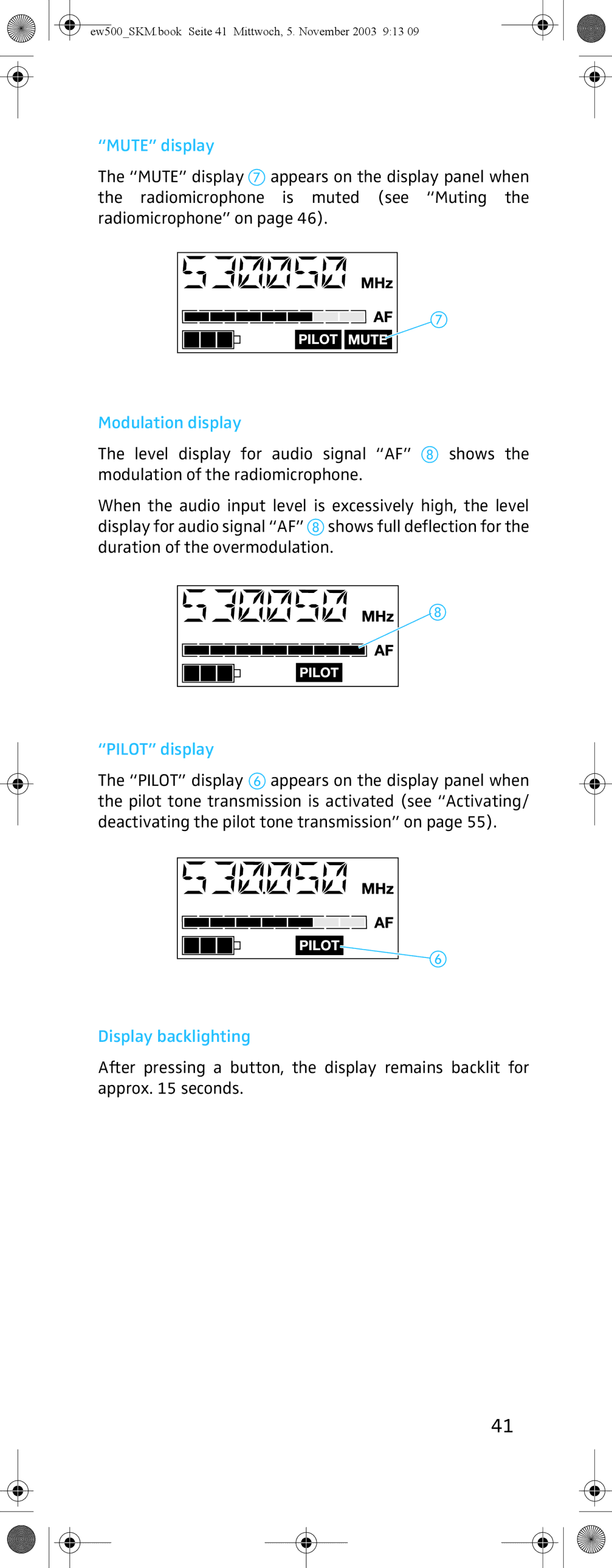 Sennheiser SKM 500 G2 manual Mute display, Modulation display, Pilot display, Display backlighting 