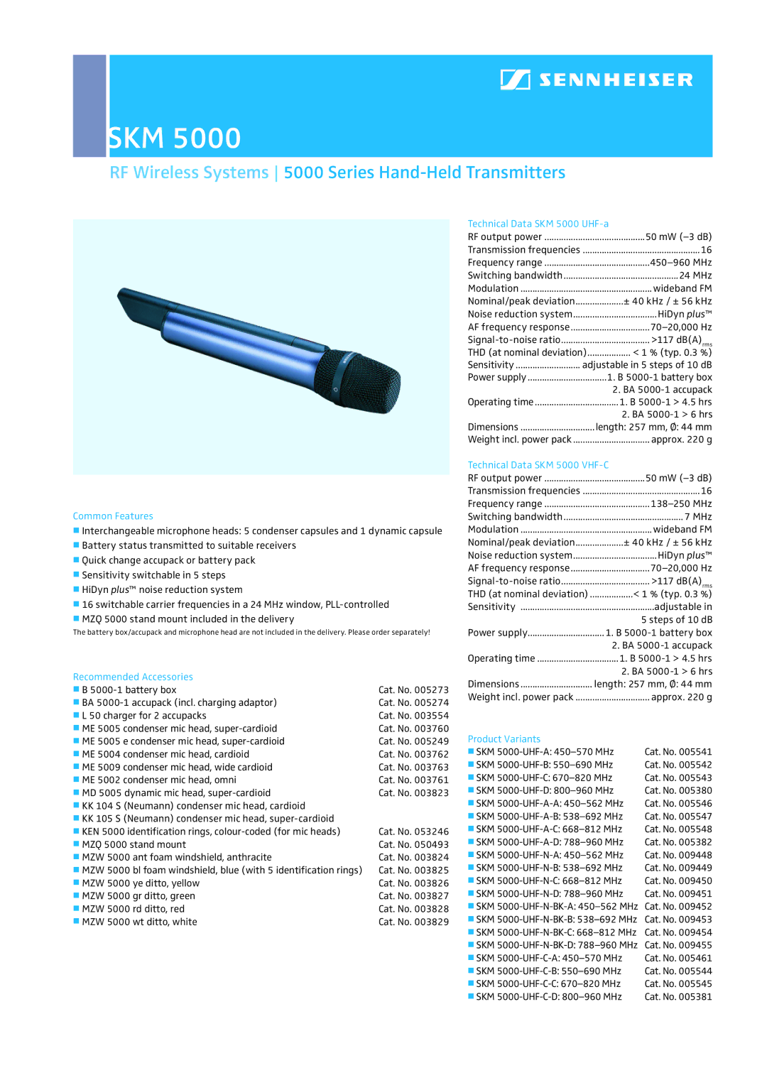 Sennheiser dimensions Common Features, Recommended Accessories, Technical Data SKM 5000 UHF-a, Product Variants 