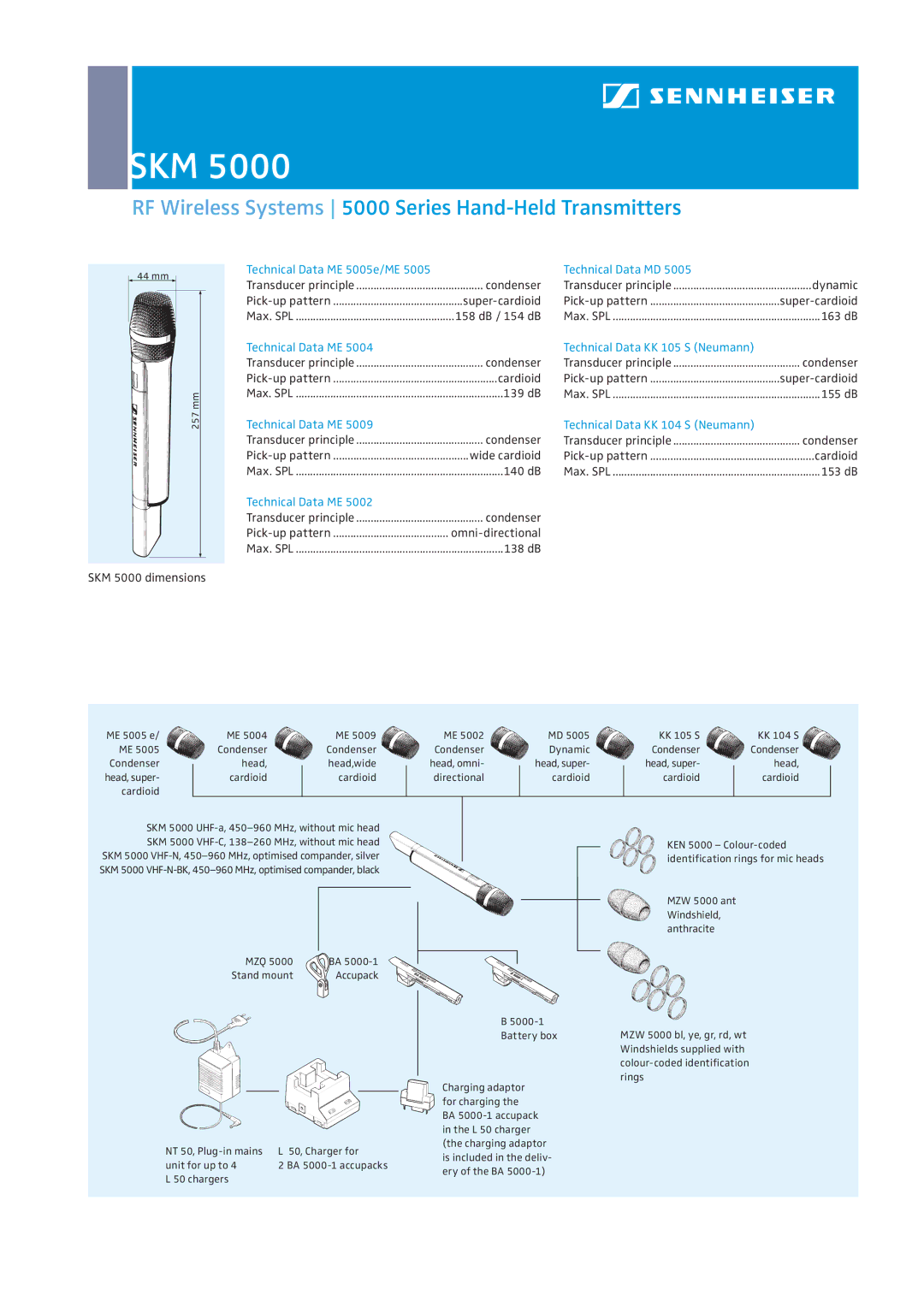 Sennheiser SKM 5000 dimensions Technical Data ME 5005e/ME, Technical Data MD, Technical Data KK 105 S Neumann 