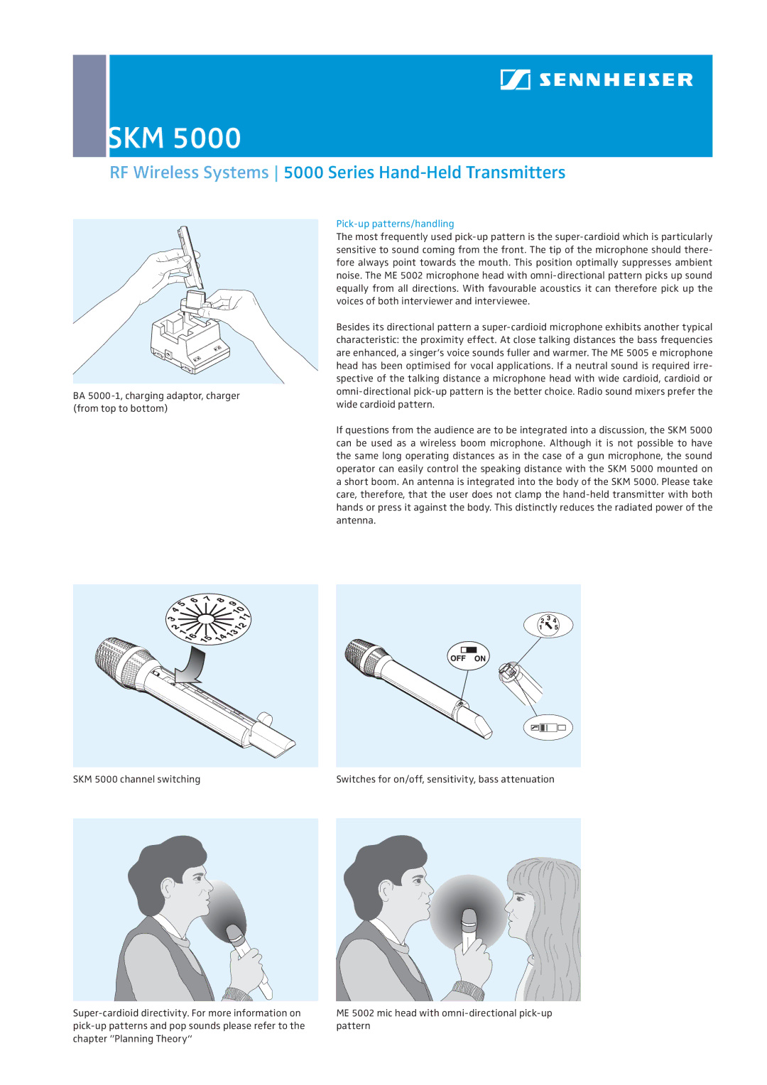 Sennheiser SKM 5000 dimensions BA 5000-1, charging adaptor, charger from top to bottom, Pick-up patterns/handling 