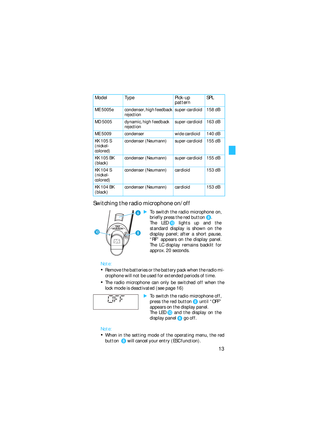 Sennheiser SKM 5200 manual Switching the radio microphone on/off, Model Type Pick-up, Appears on the display panel 