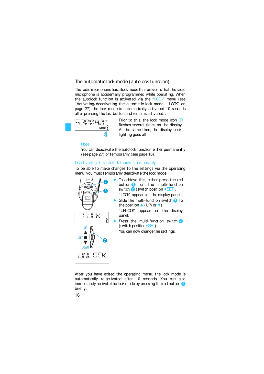 Sennheiser SKM 5200 manual Automatic lock mode autolock function, Deactivating the autolock function temporarily, Switch 