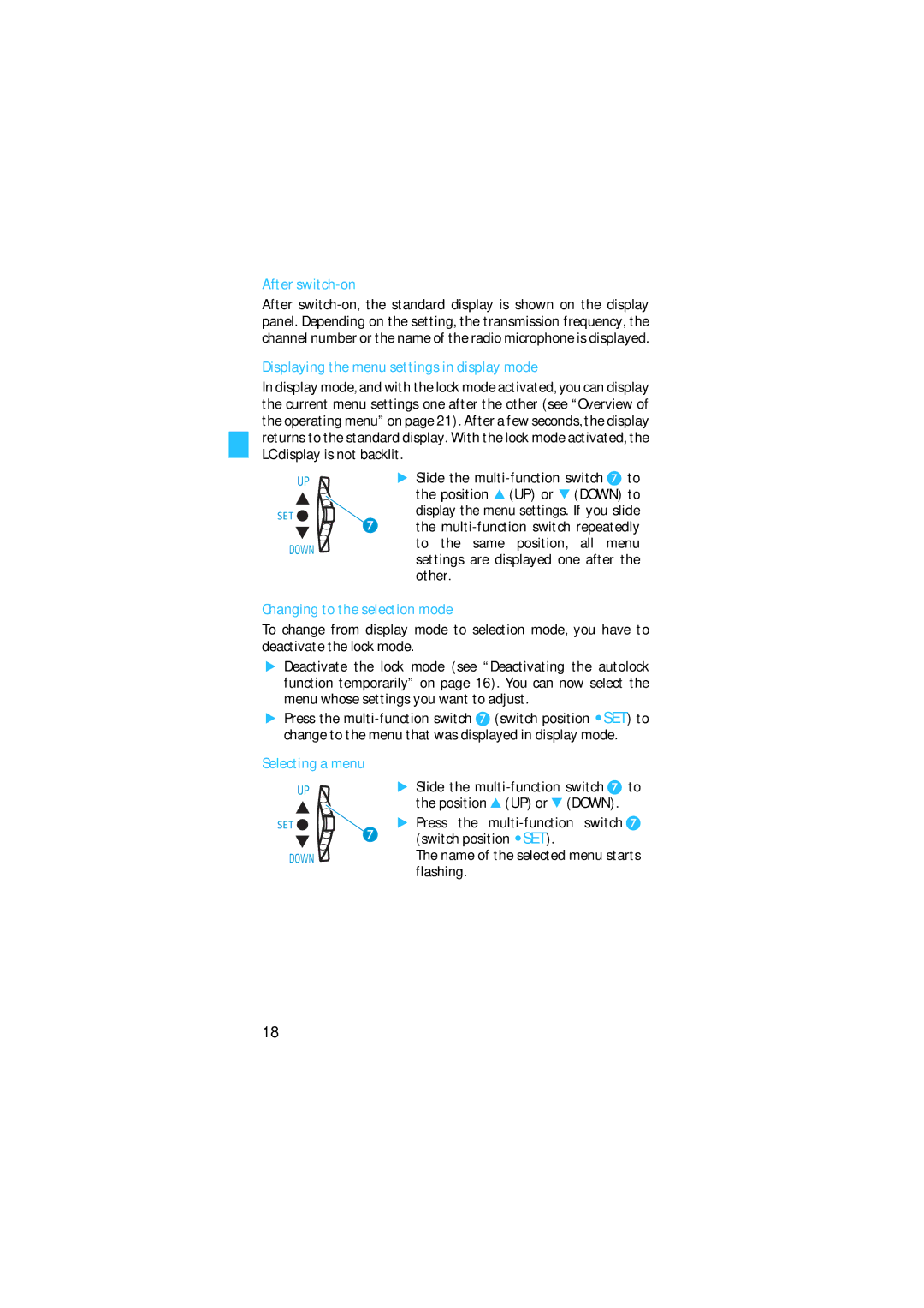 Sennheiser SKM 5200 manual After switch-on, Displaying the menu settings in display mode, Changing to the selection mode 