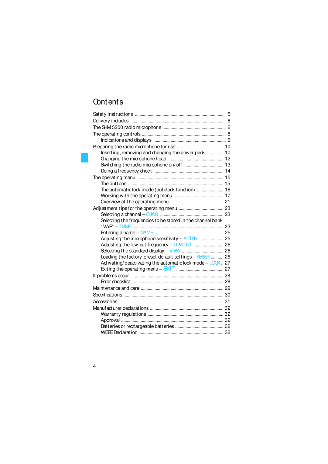 Sennheiser SKM 5200 manual Contents 