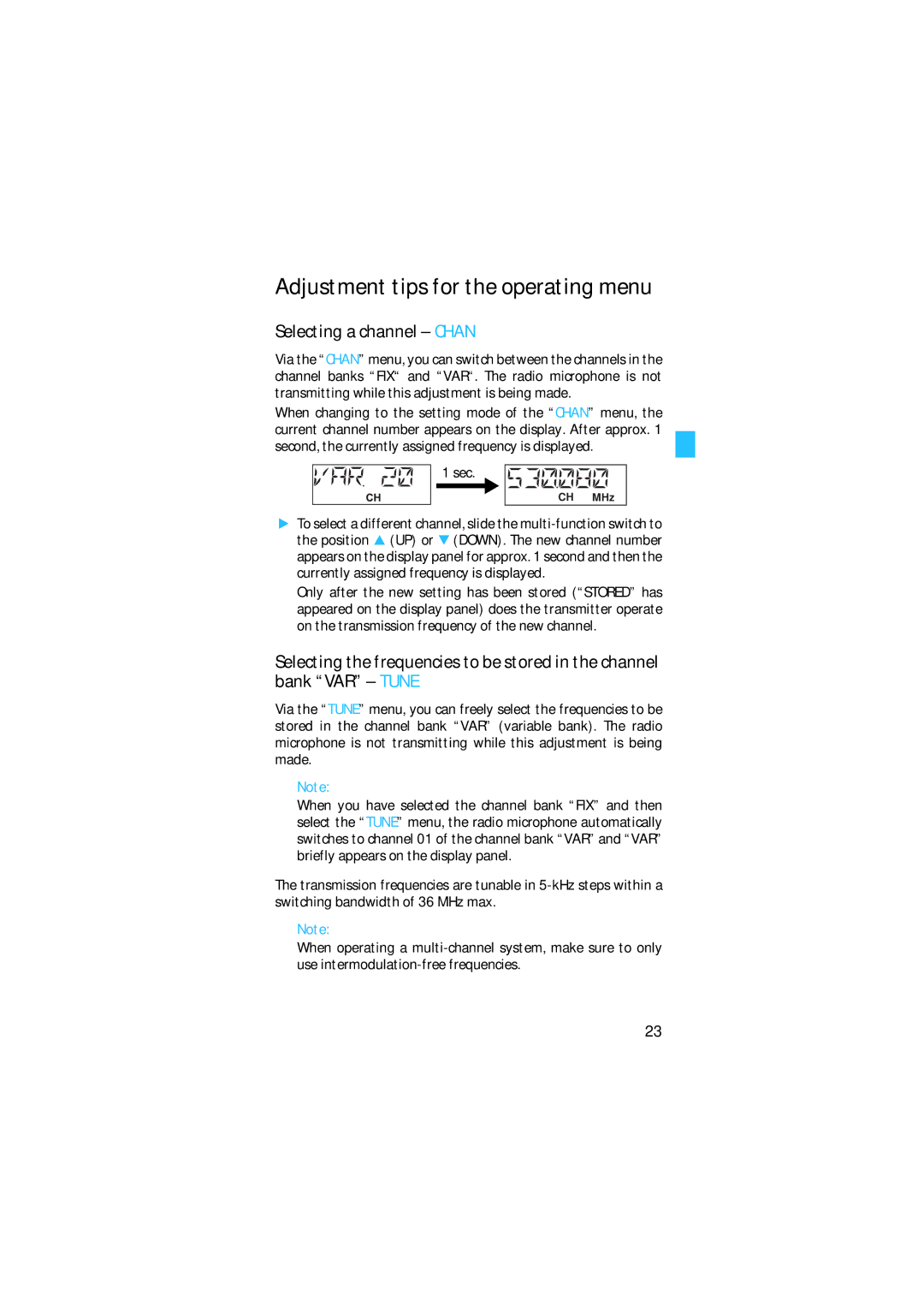 Sennheiser SKM 5200 manual Adjustment tips for the operating menu, Selecting a channel Chan 