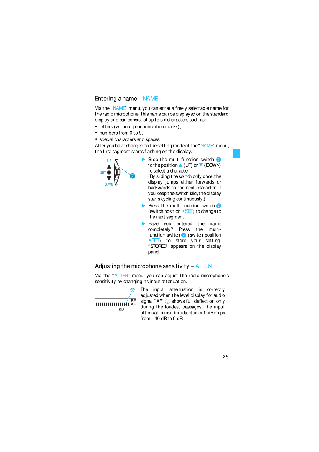 Sennheiser SKM 5200 manual Entering a name Name, Adjusting the microphone sensitivity Atten 