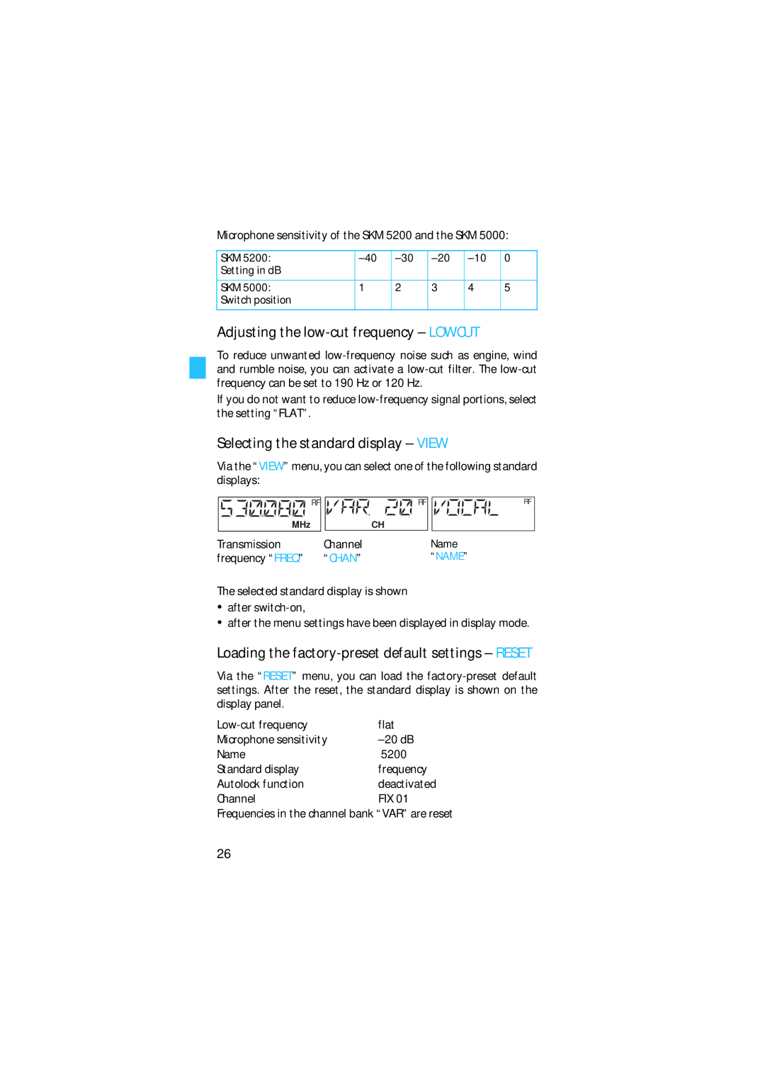 Sennheiser SKM 5200 manual Adjusting the low-cut frequency Lowcut, Selecting the standard display View 