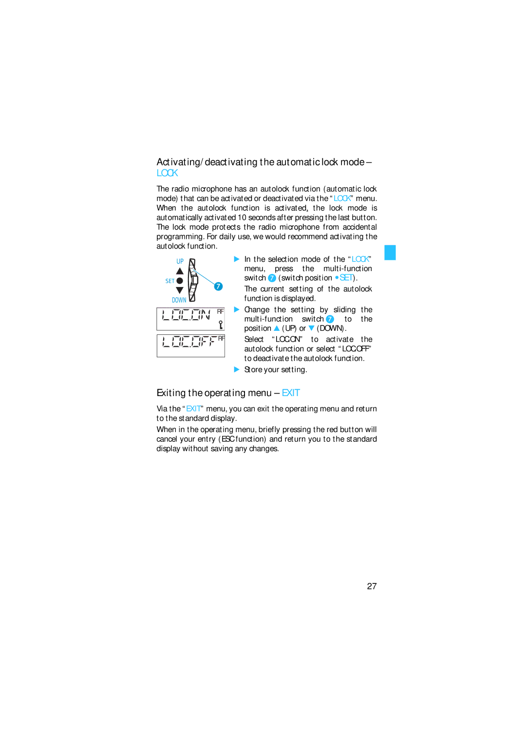 Sennheiser SKM 5200 manual Activating/deactivating the automatic lock mode, Exiting the operating menu Exit 