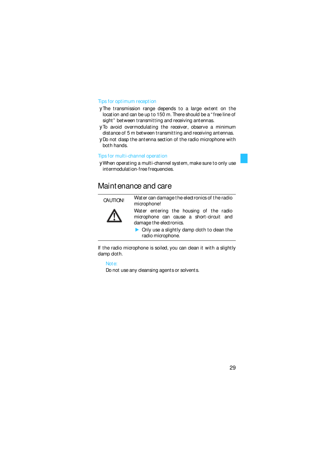 Sennheiser SKM 5200 manual Maintenance and care, Tips for optimum reception, Tips for multi-channel operation 