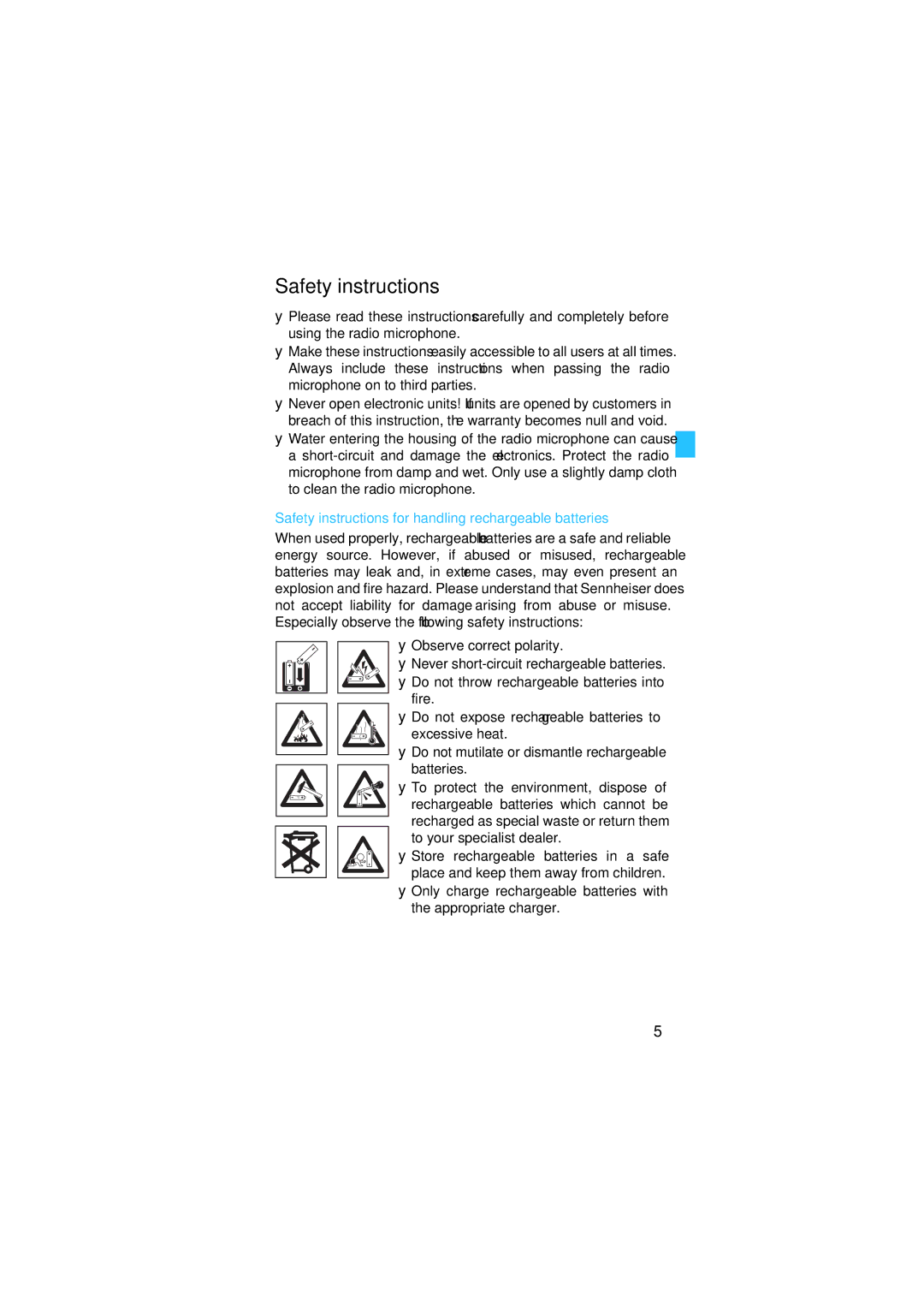 Sennheiser SKM 5200 manual Safety instructions for handling rechargeable batteries 