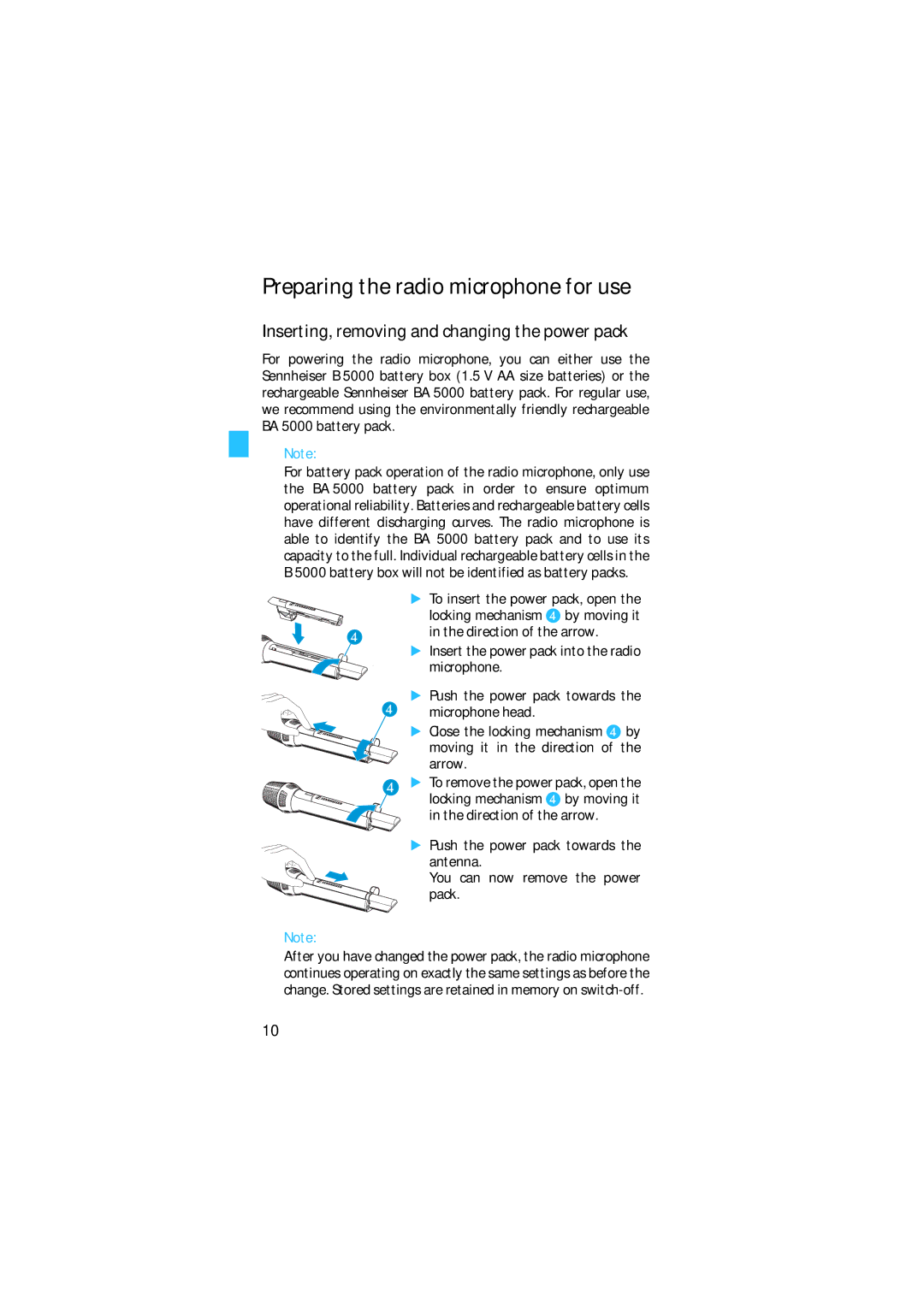 Sennheiser SKM 5200 manual Preparing the radio microphone for use, Inserting, removing and changing the power pack 