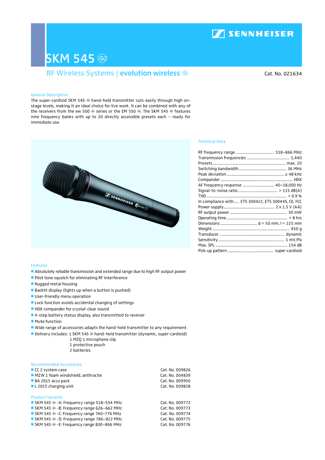 Sennheiser SKM 545G dimensions SKM 545 g, RF Wireless Systems evolution wireless g, Cat. No, Hdx 