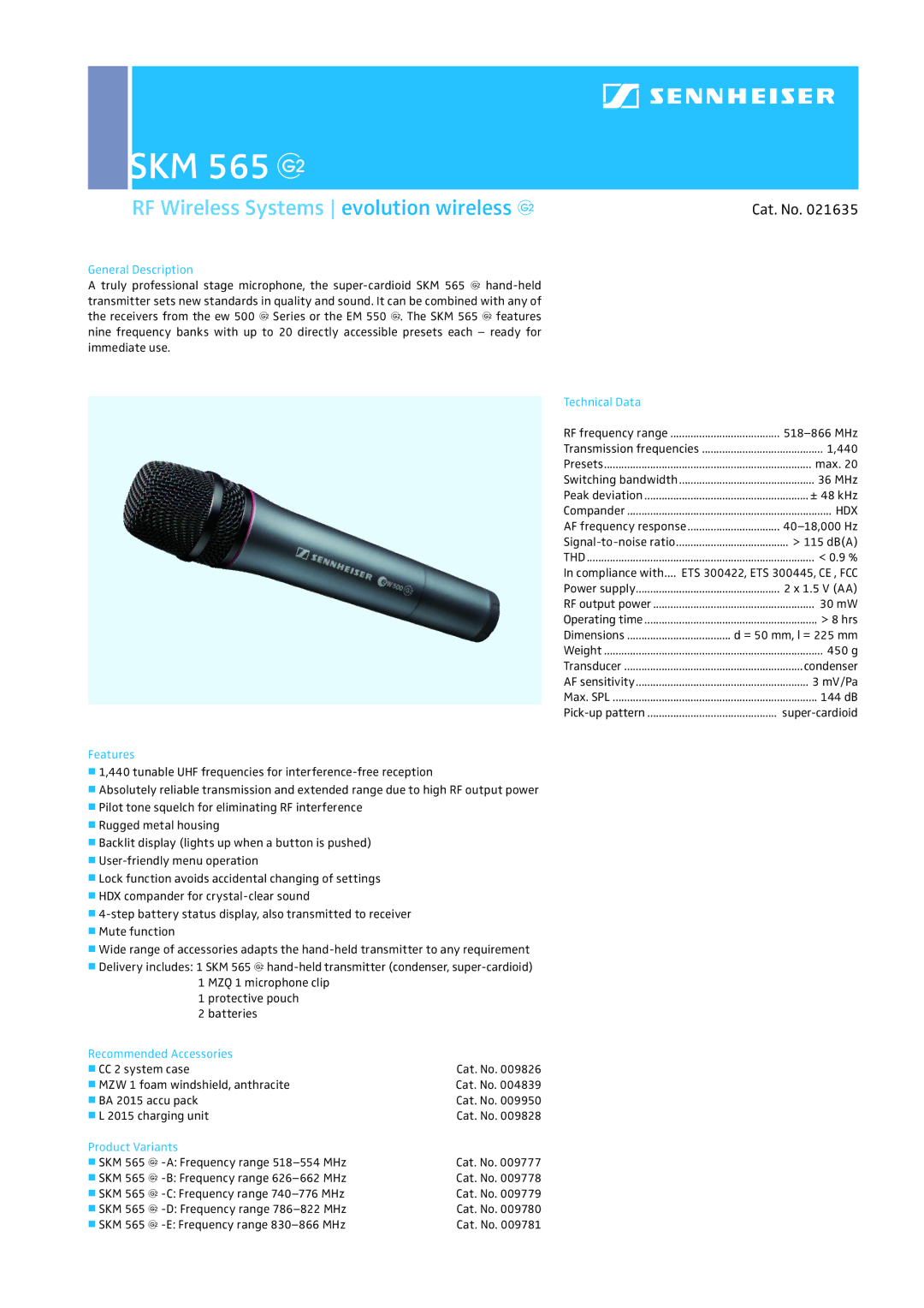 Sennheiser SKM 565G dimensions SKM 565 g, RF Wireless Systems evolution wireless g, Cat. No, Hdx 