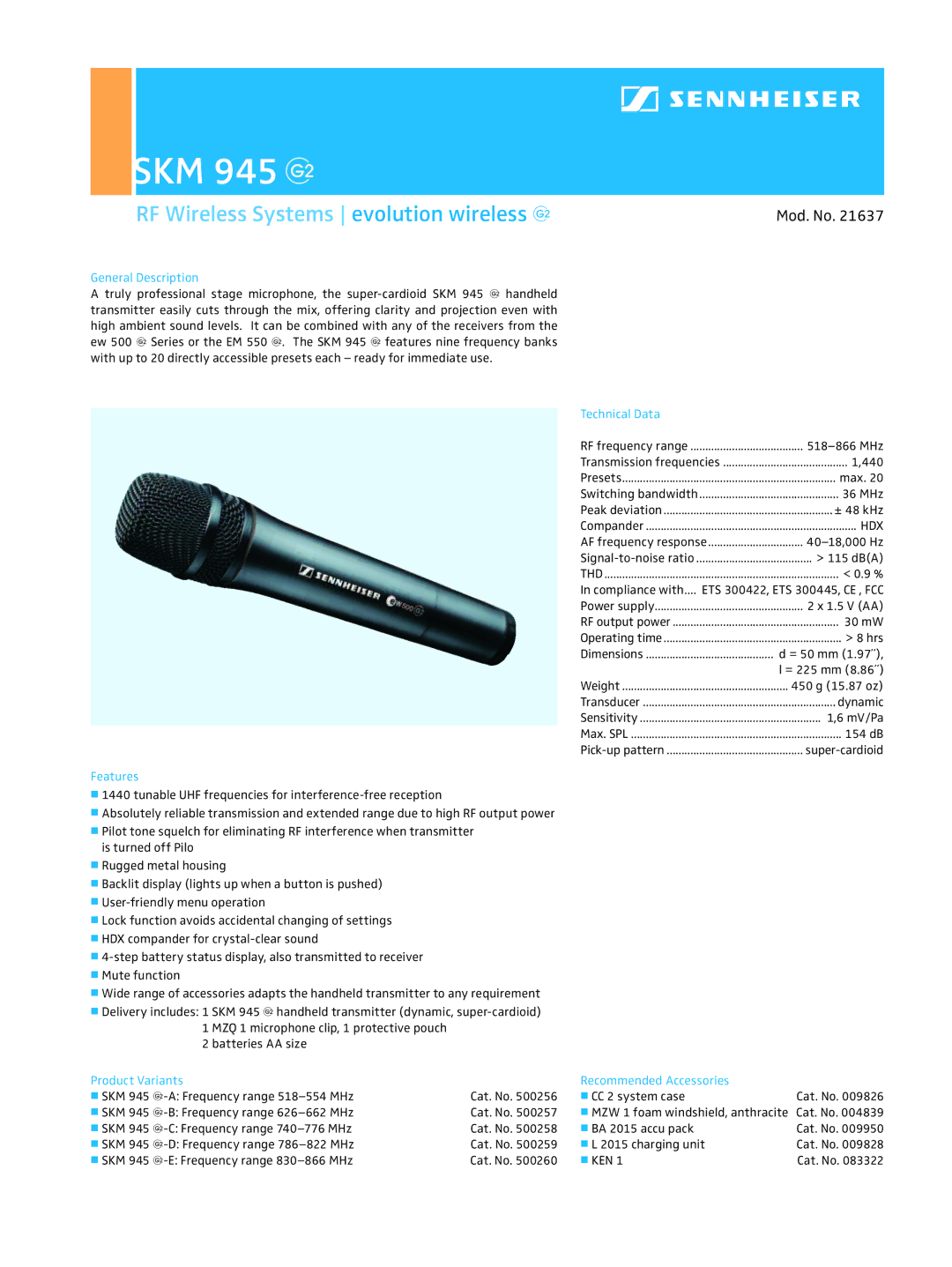 Sennheiser dimensions SKM 945g, RF Wireless Systems evolution wireless g, Mod. No, Hdx 