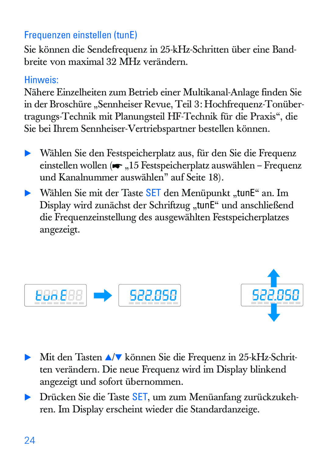 Sennheiser SKP 30 manual Frequenzen einstellen tunE, Hinweis 